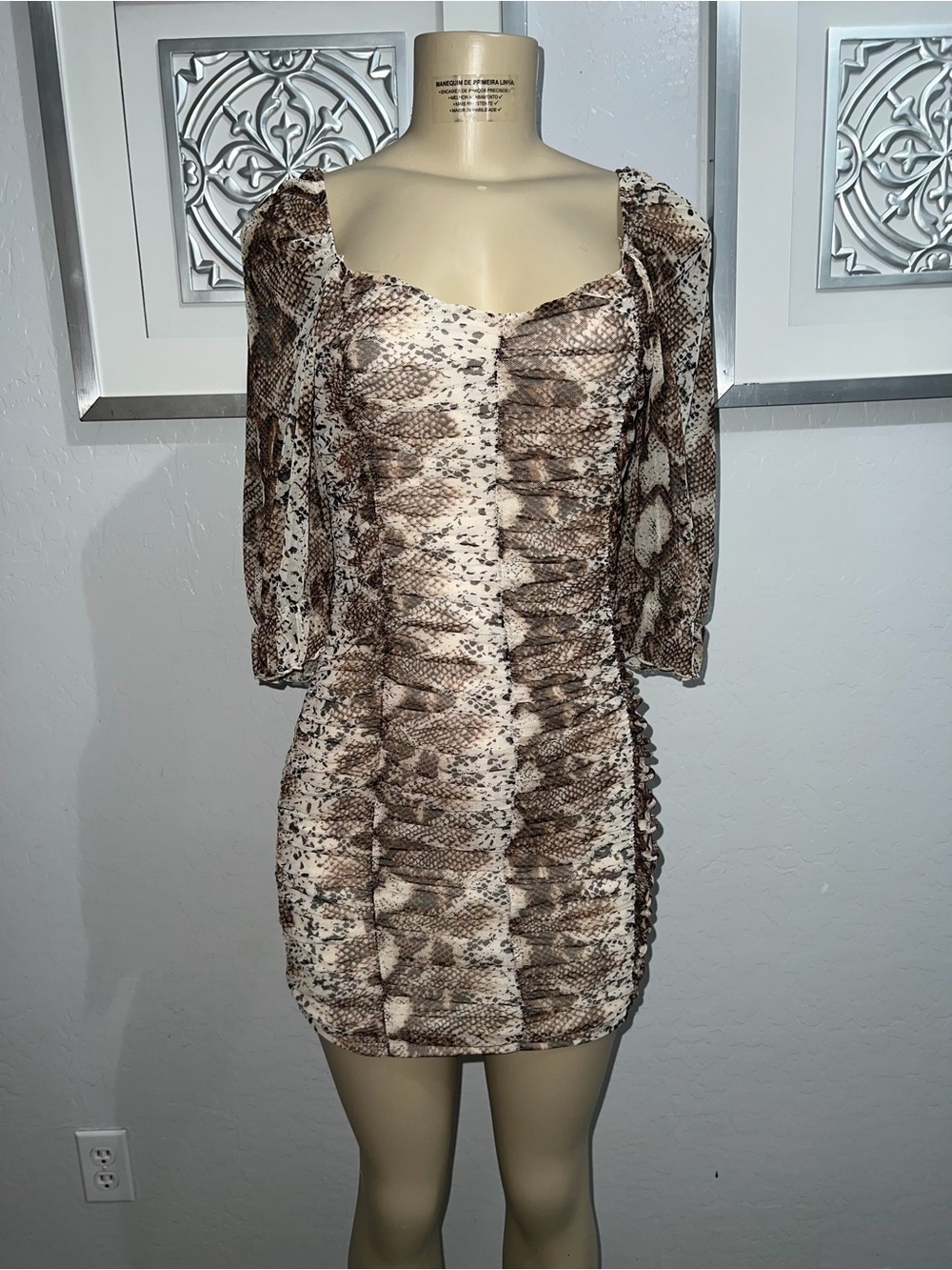 Timing Brown and Cream Snake-Print Ruched Mini Dress